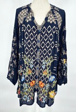 Johnny Was Navy Embroidered Tunic Floral Geometric Boho Top Size L C13425